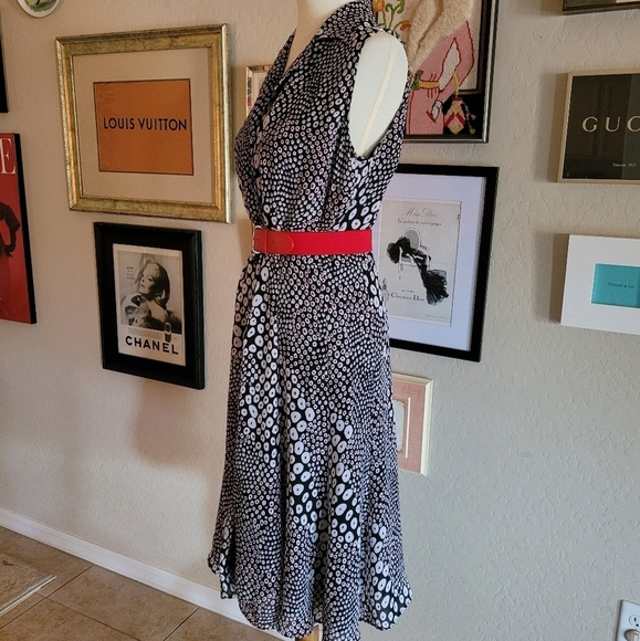 Vintage 80's Black Red and White Abstract Fluted Hem Midi Dress - Picture 5 of 7